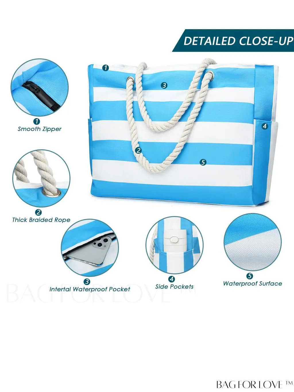 BagForLove - Womens Waterproof Beach Tote: Large, Sand-proof Swim Pool Bag with Zipper