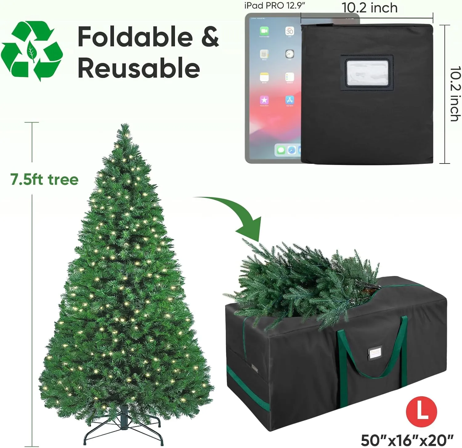 BALEINE 7.5 ft Christmas Tree Storage Bag, Heavy Duty 900D Oxford Fabric with Reinforced Handles and Dual Zippers Wide Opening, Extra Large Storage Container for Trees and Decorations (Black)