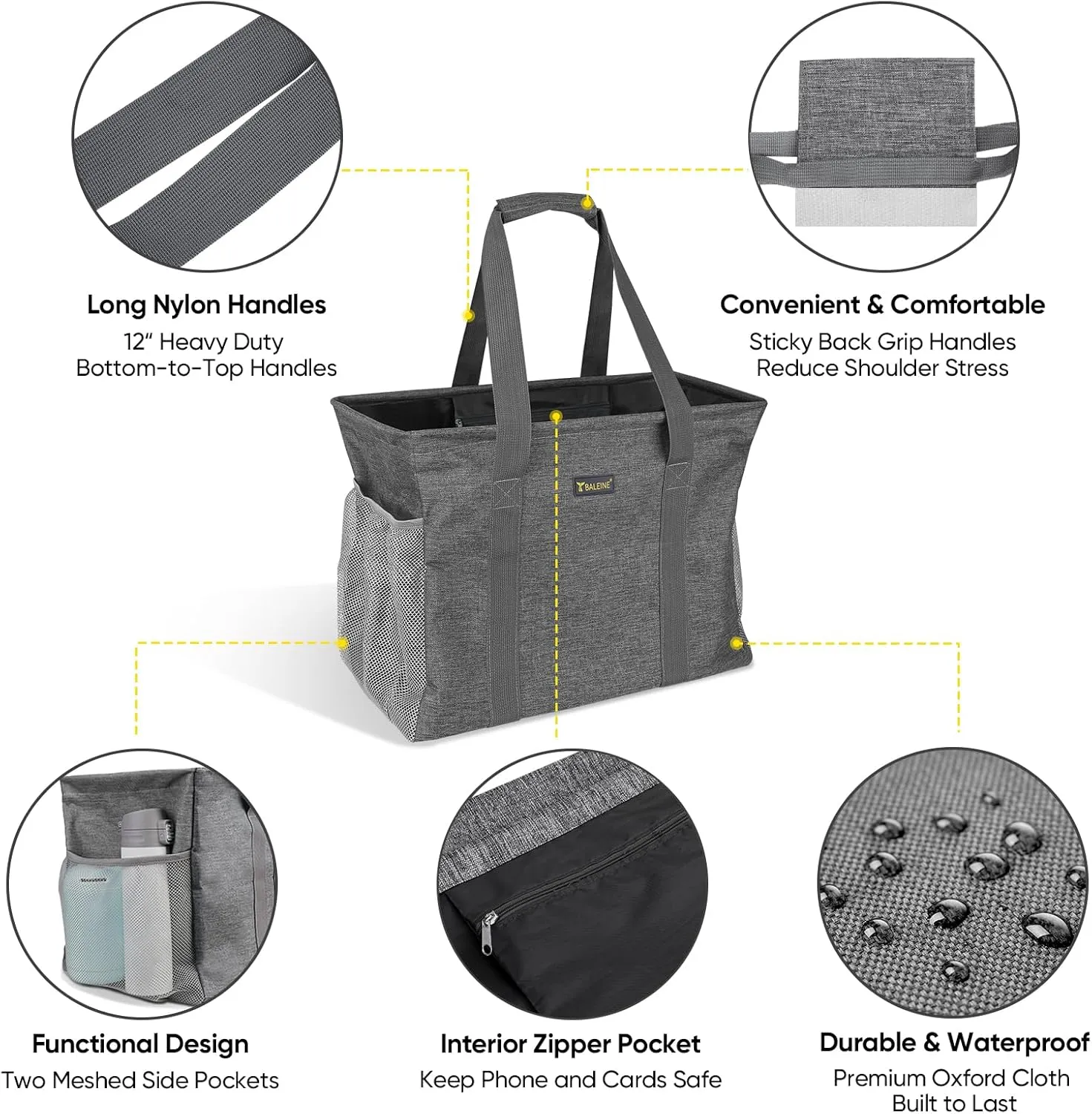 BALEINE Extra Large Utility Tote Bag with Wire Frame for Storage (Grey, 16.5''x14''x10'')