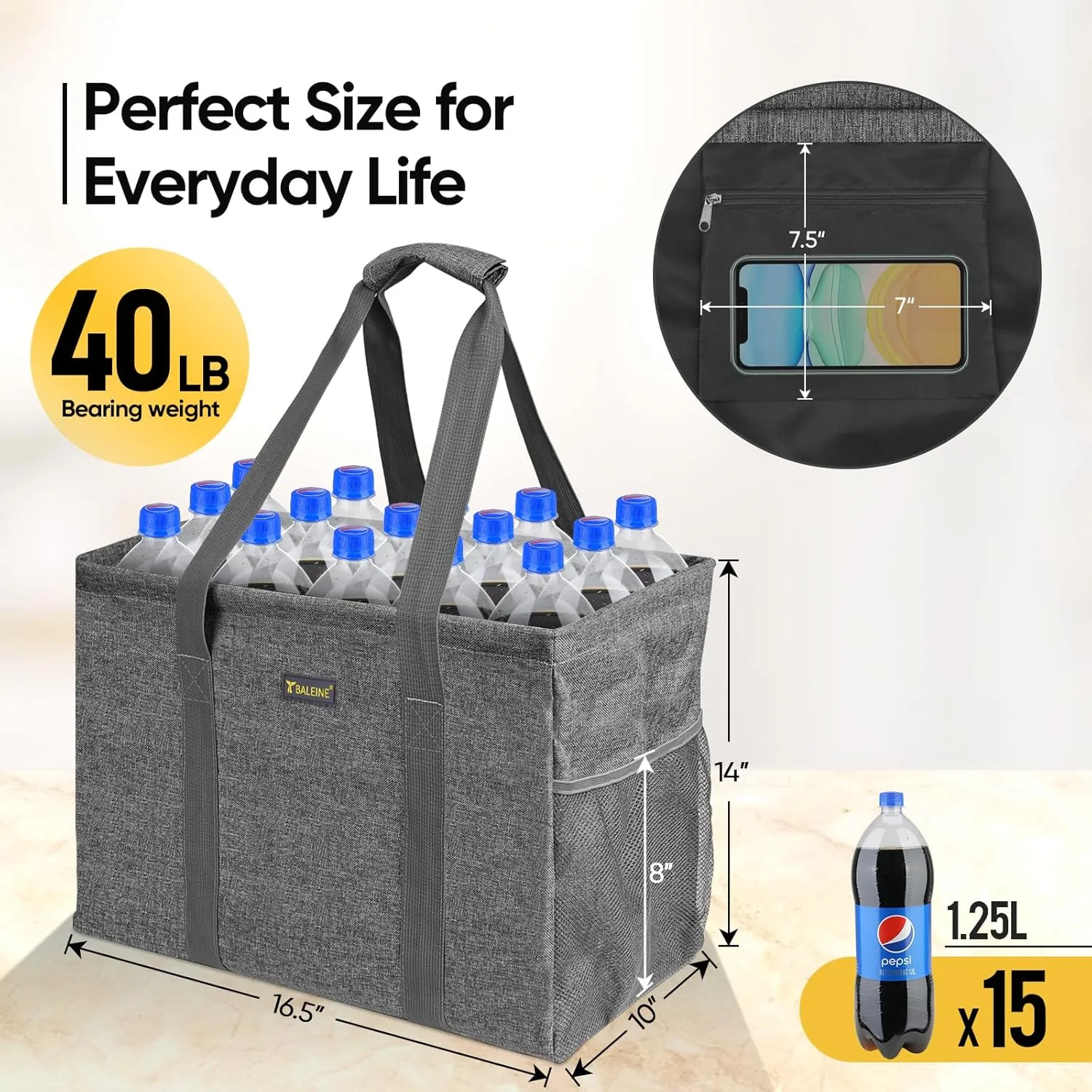 BALEINE Extra Large Utility Tote Bag with Wire Frame for Storage (Grey, 16.5''x14''x10'')