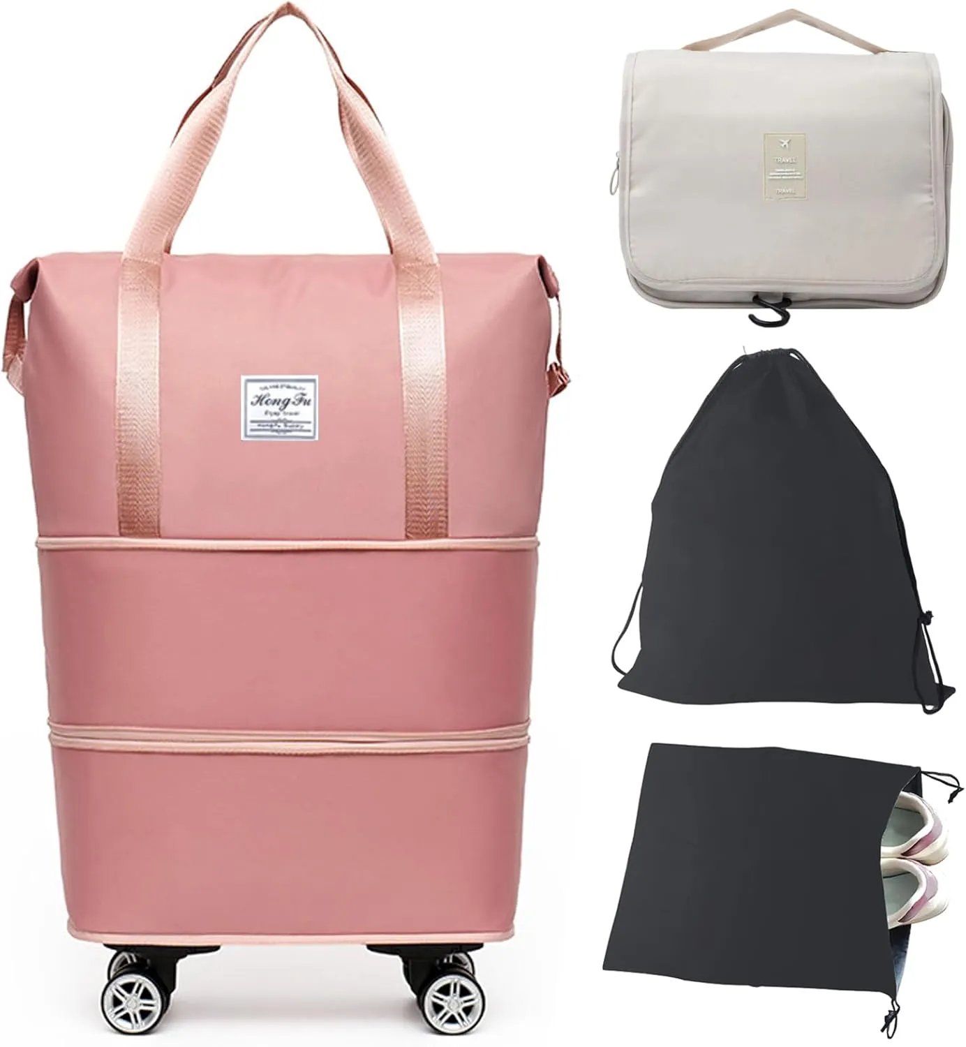 Barsine Rolling Duffle Bag with Wheels, Large Expandable Tote Bags for Weekend Overnight Carry On Wheeled Duffel with Travel Essentials Bag, Pink