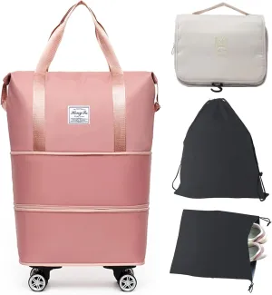 Barsine Rolling Duffle Bag with Wheels, Large Expandable Tote Bags for Weekend Overnight Carry On Wheeled Duffel with Travel Essentials Bag, Pink
