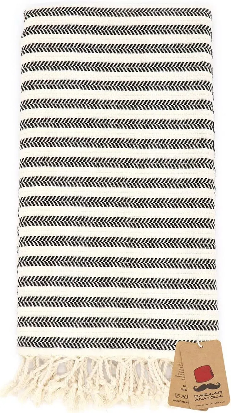 Bazaar Anatolia Turkish Beach Towel 100% Cotton Bath Oversized Quick Dry Boho Farmhouse Turkish Towels for Bathroom Sand Free Large 71x39 inches - Arpa Black