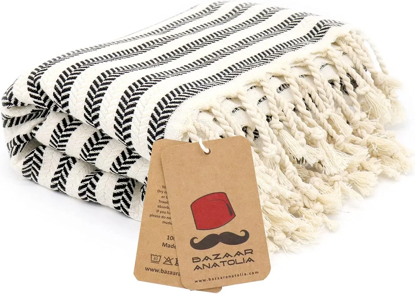 Bazaar Anatolia Turkish Beach Towel 100% Cotton Bath Oversized Quick Dry Boho Farmhouse Turkish Towels for Bathroom Sand Free Large 71x39 inches - Arpa Black