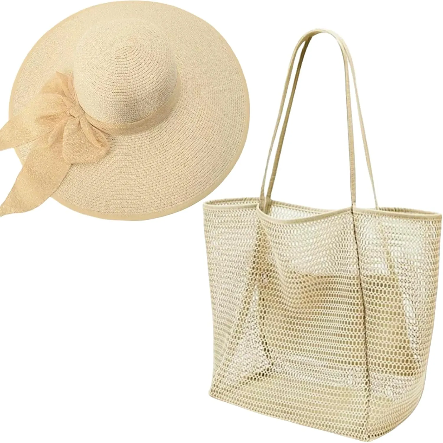 Beach Bags with Sun Hats, Straw Large Foldable Mesh Travel Bag Hat,Wide Brim Roll up Cap Tote Bag Set for Women