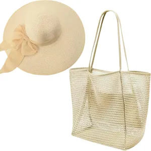 Beach Bags with Sun Hats, Straw Large Foldable Mesh Travel Bag Hat,Wide Brim Roll up Cap Tote Bag Set for Women