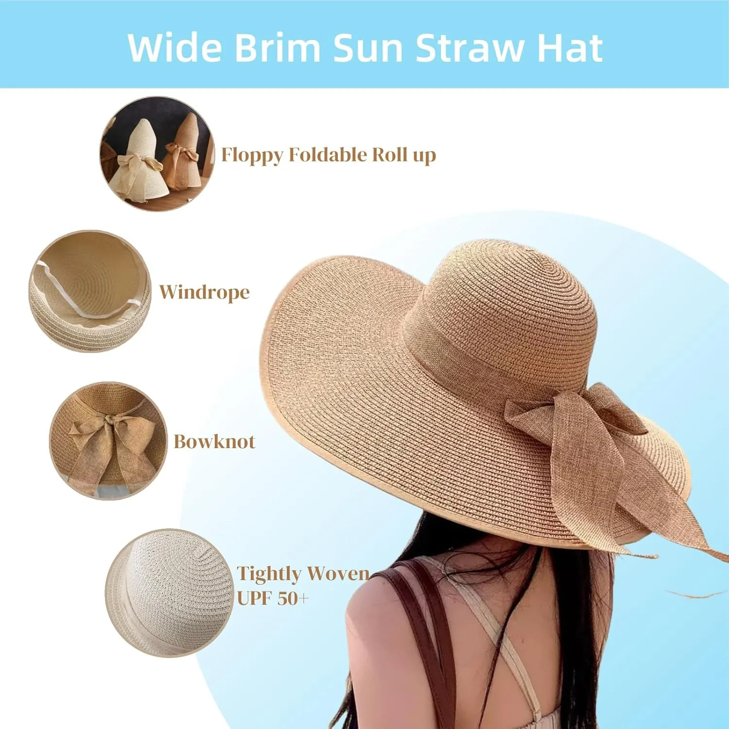 Beach Bags with Sun Hats, Straw Large Foldable Mesh Travel Bag Hat,Wide Brim Roll up Cap Tote Bag Set for Women
