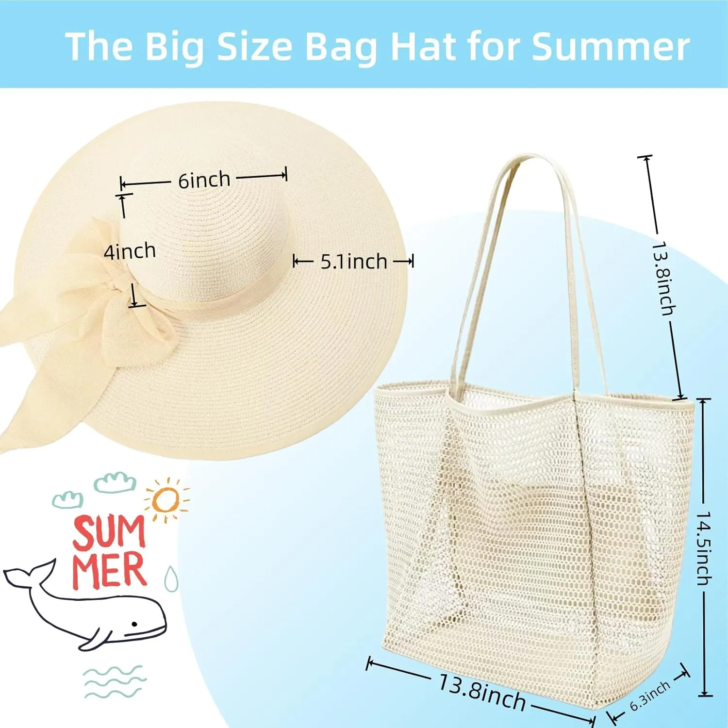 Beach Bags with Sun Hats, Straw Large Foldable Mesh Travel Bag Hat,Wide Brim Roll up Cap Tote Bag Set for Women