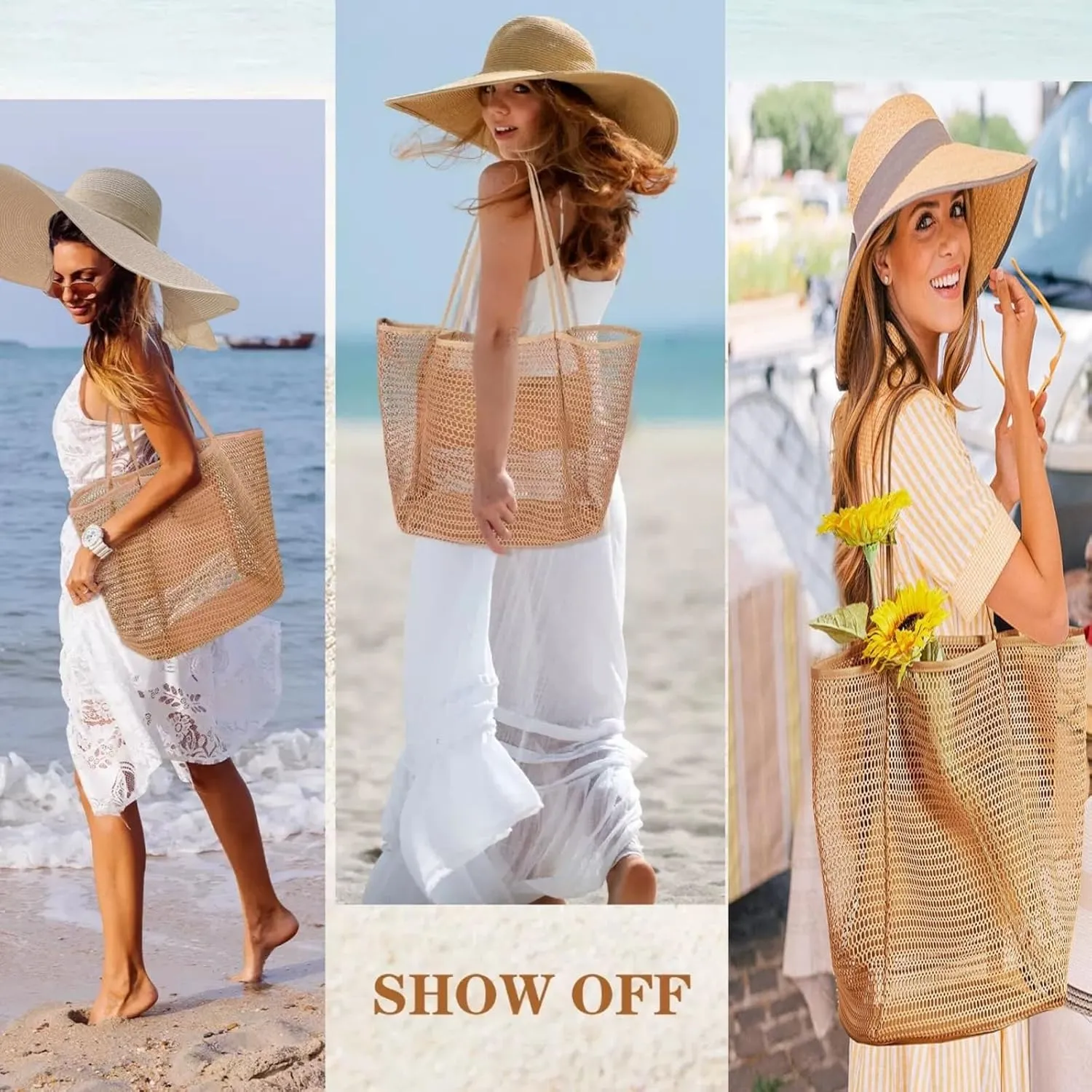 Beach Bags with Sun Hats, Straw Large Foldable Mesh Travel Bag Hat,Wide Brim Roll up Cap Tote Bag Set for Women