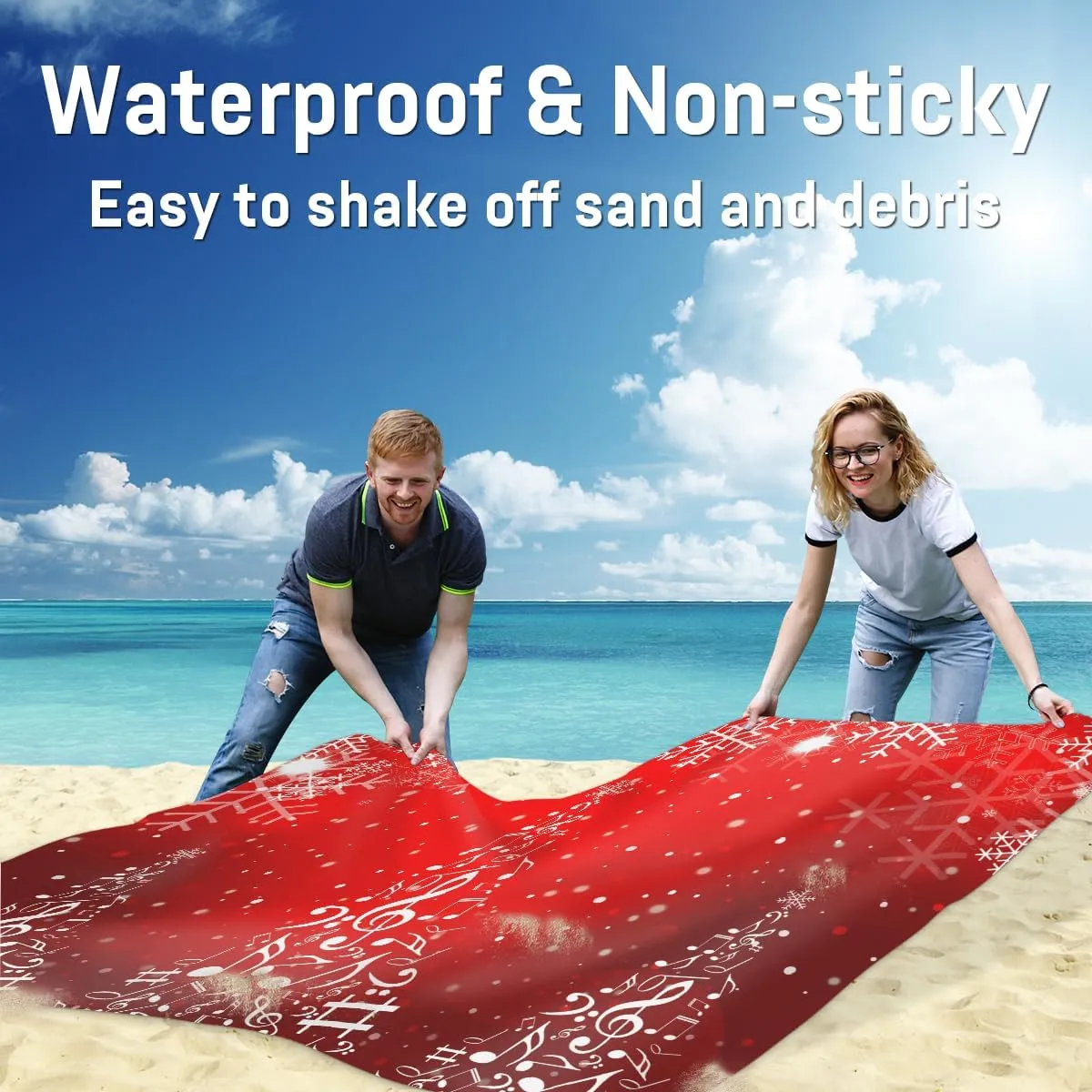 Beach Blanket, Snowflake Christmas Sandproof Beach Mat, Waterproof Quick Drying Sand Free Mat with 4 x Ground Spikes for Outdoor Travel Camping Hiking, Music Note Tree 68 x 59 in