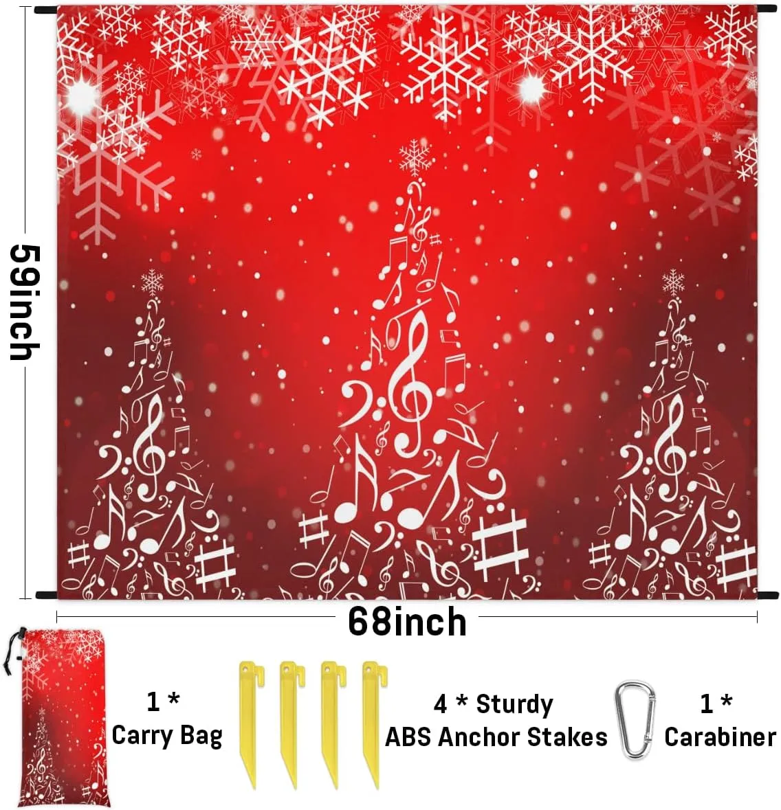 Beach Blanket, Snowflake Christmas Sandproof Beach Mat, Waterproof Quick Drying Sand Free Mat with 4 x Ground Spikes for Outdoor Travel Camping Hiking, Music Note Tree 68 x 59 in