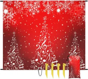 Beach Blanket, Snowflake Christmas Sandproof Beach Mat, Waterproof Quick Drying Sand Free Mat with 4 x Ground Spikes for Outdoor Travel Camping Hiking, Music Note Tree 68 x 59 in