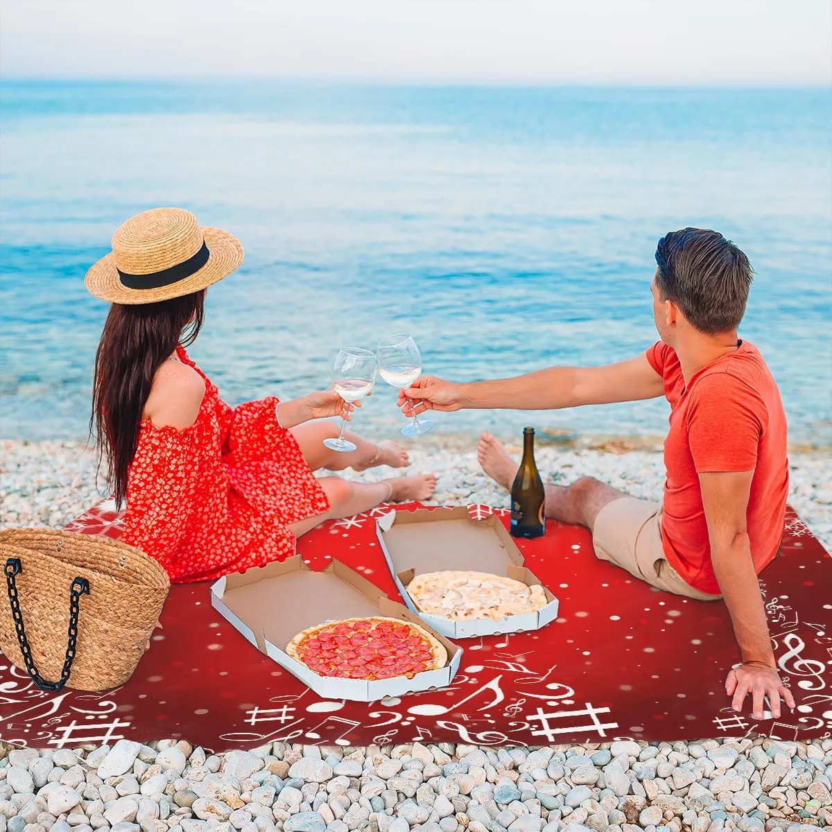 Beach Blanket, Snowflake Christmas Sandproof Beach Mat, Waterproof Quick Drying Sand Free Mat with 4 x Ground Spikes for Outdoor Travel Camping Hiking, Music Note Tree 68 x 59 in