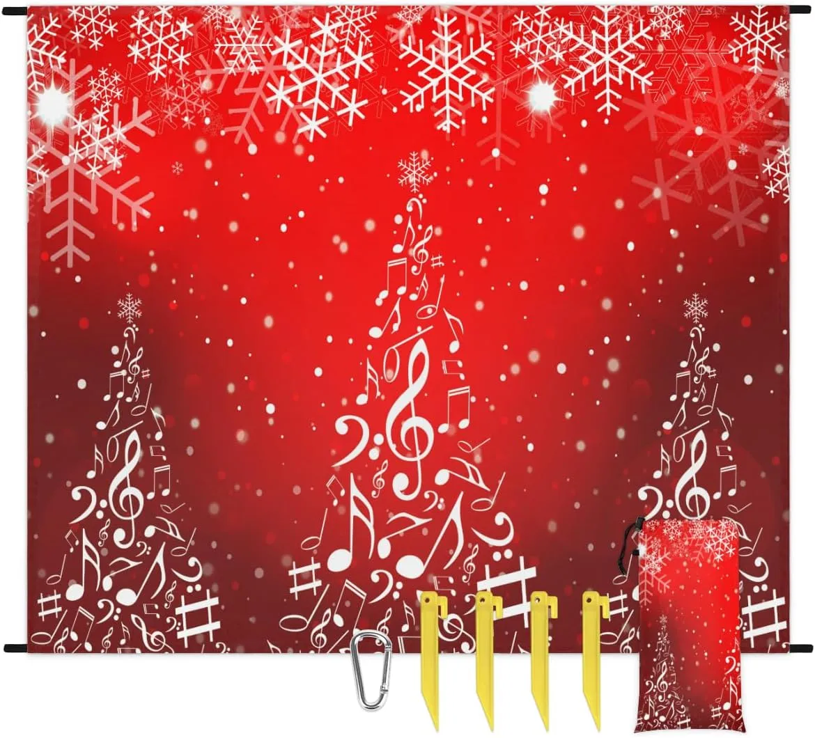 Beach Blanket, Snowflake Christmas Sandproof Beach Mat, Waterproof Quick Drying Sand Free Mat with 4 x Ground Spikes for Outdoor Travel Camping Hiking, Music Note Tree 68 x 59 in