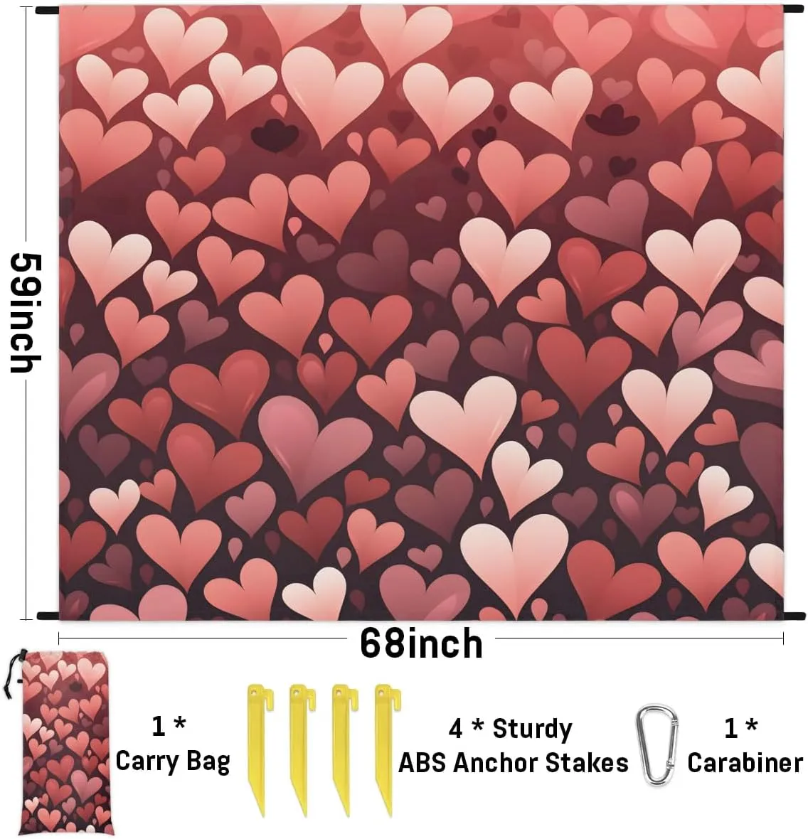 Beach Blanket, Valentine's Day Heart Sandproof Beach Mat, Waterproof Quick Drying Sand Free Mat with 4 x Ground Spikes for Outdoor Travel Camping Hiking, Red Hearts 68 x 59 in