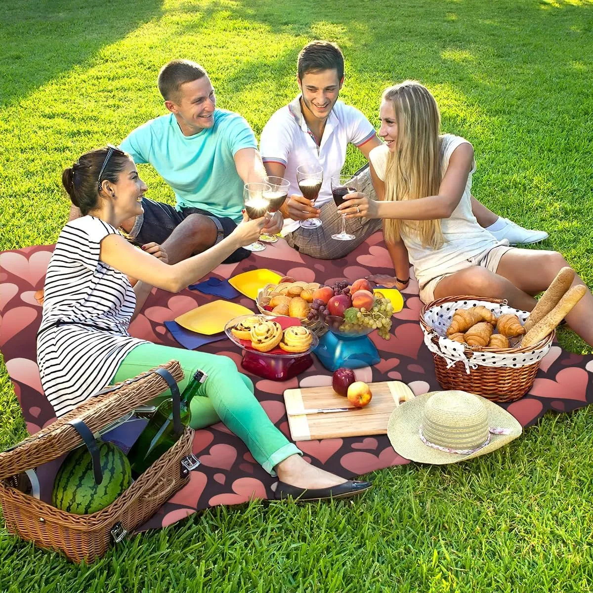 Beach Blanket, Valentine's Day Heart Sandproof Beach Mat, Waterproof Quick Drying Sand Free Mat with 4 x Ground Spikes for Outdoor Travel Camping Hiking, Red Hearts 68 x 59 in