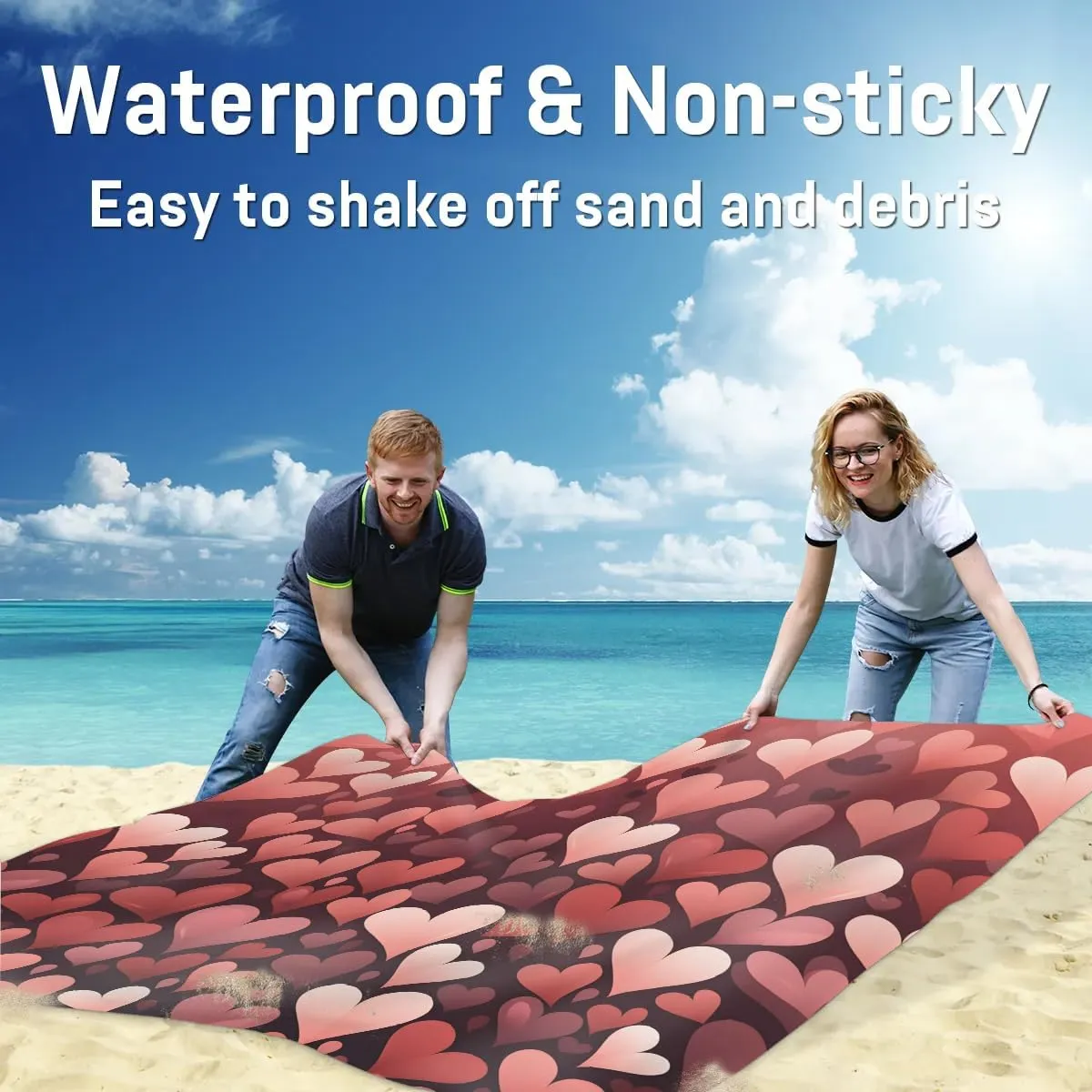 Beach Blanket, Valentine's Day Heart Sandproof Beach Mat, Waterproof Quick Drying Sand Free Mat with 4 x Ground Spikes for Outdoor Travel Camping Hiking, Red Hearts 68 x 59 in