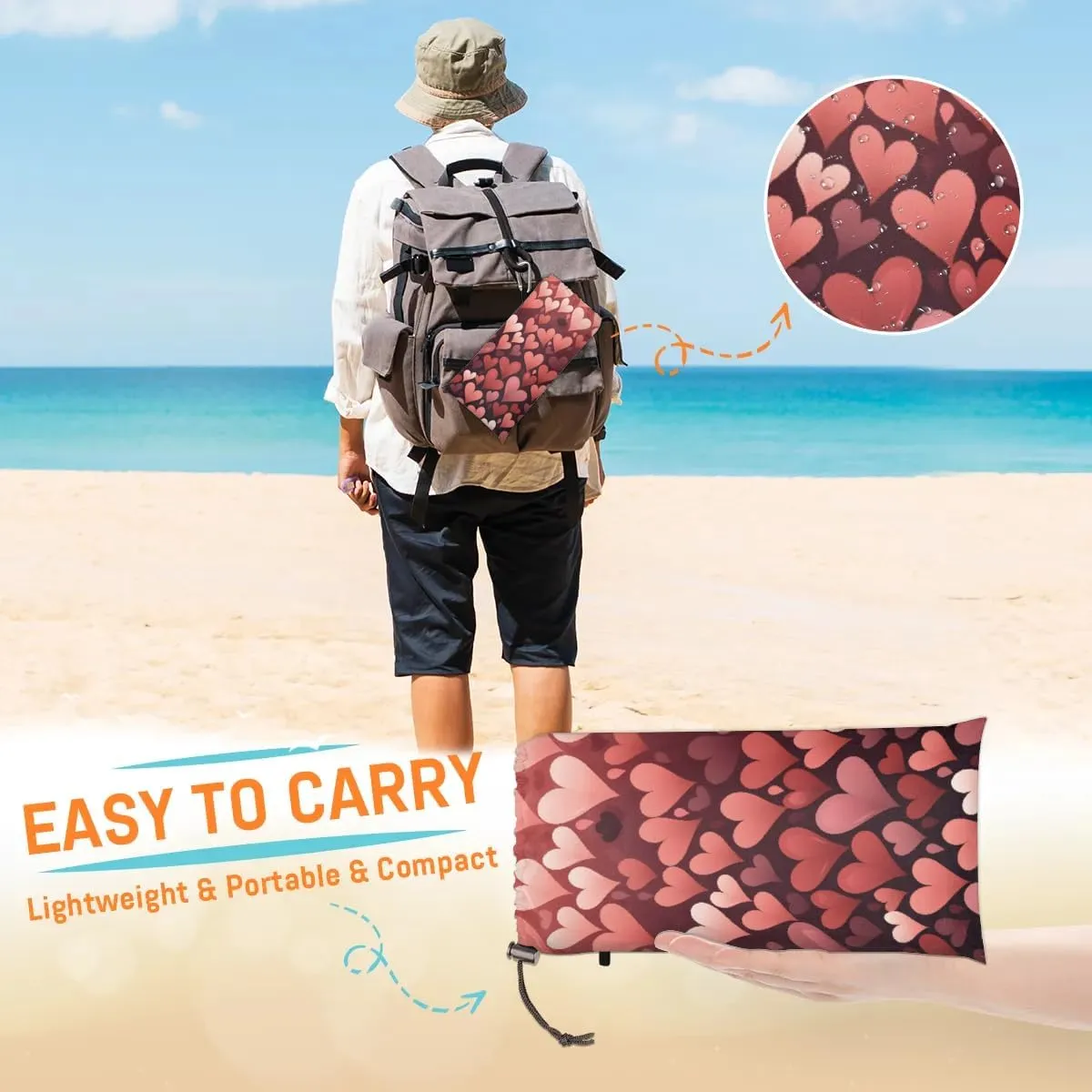 Beach Blanket, Valentine's Day Heart Sandproof Beach Mat, Waterproof Quick Drying Sand Free Mat with 4 x Ground Spikes for Outdoor Travel Camping Hiking, Red Hearts 68 x 59 in