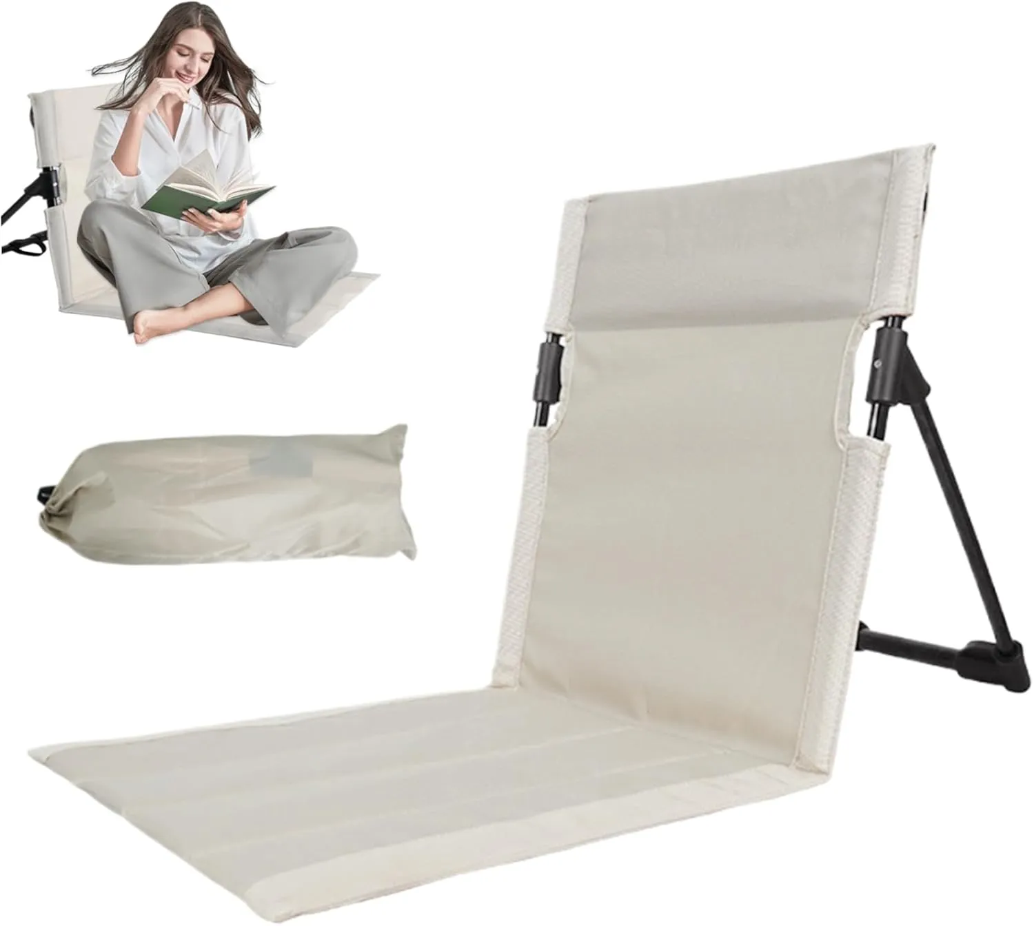 Beach Mat Lounge Chair, Reclining Beach Mat with Backrest, Folding Oxford Cloth Beach Mat Lounge Chair, Portable Beach Lounge Chair with Carry Bag for Beach, Camping, Hiking, Beige