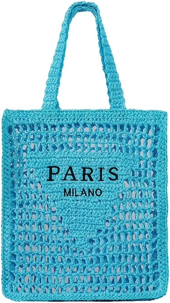 Beach Mesh Tote Bag for Women Hollow Embroidery Straw Bag Large Woven Handbag Shoulder Bag Summer Mesh Straw Beach Bags Purse