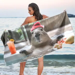 Beach Towel Capybara Pool Print Oversized Sand Free Quick Dry Lightweight with Storage Bag for Women Men 31X71 in