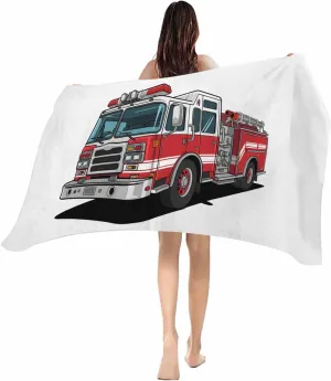 Beach Towel, Cartoon Fire Truck with Emergency Equipment Microfiber Oversized Lightweight Beach Blanket, Safety Quick Dry Absorbent Towels for Swimming Pool Bath Gym