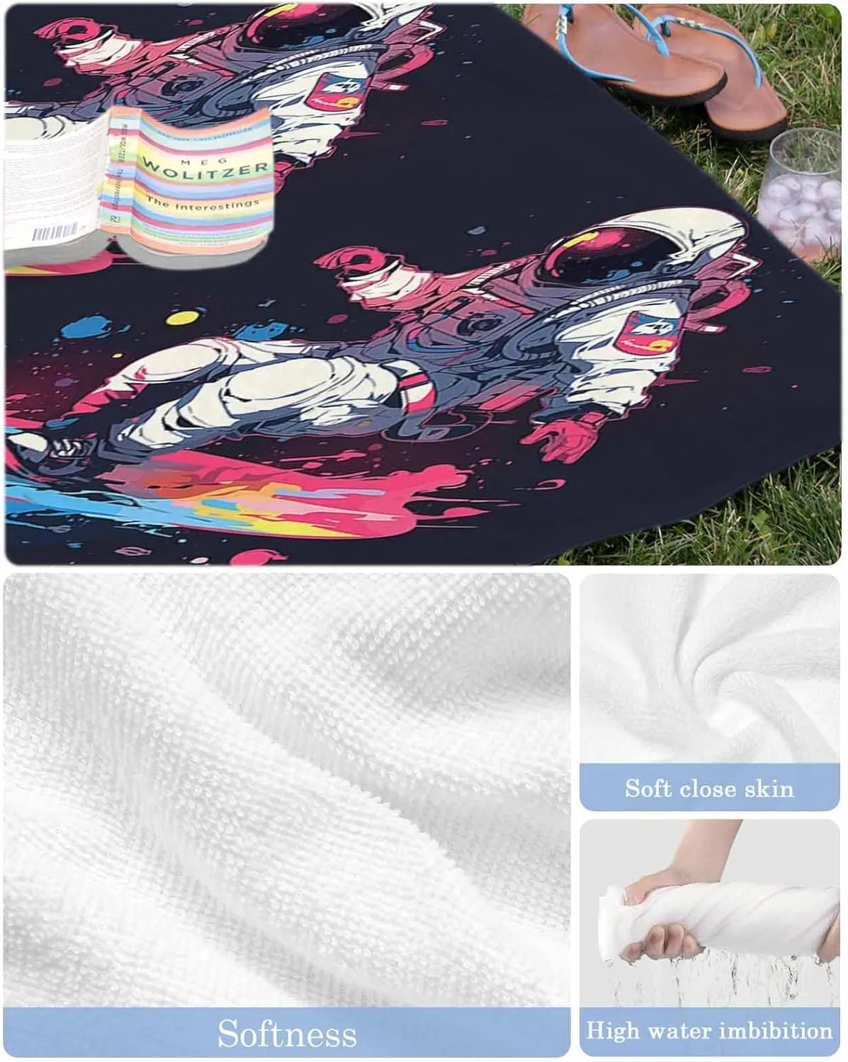 Beach Towel Creative Astronauts Skateboarding Bath Pool Towels Watercolor Sport Theme Sand Free Blanket Quick Dry Lightweight Travel Blankets for Adults Gifts 35x70in