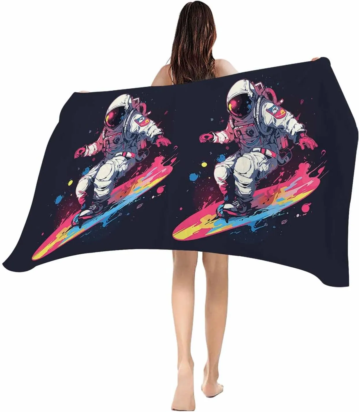 Beach Towel Creative Astronauts Skateboarding Bath Pool Towels Watercolor Sport Theme Sand Free Blanket Quick Dry Lightweight Travel Blankets for Adults Gifts 35x70in