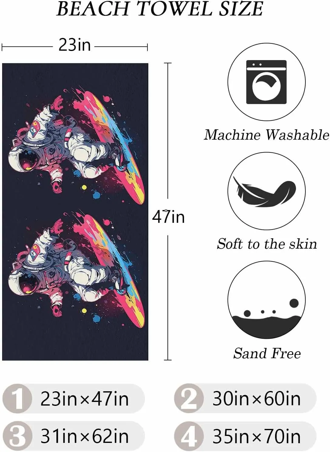 Beach Towel Creative Astronauts Skateboarding Bath Pool Towels Watercolor Sport Theme Sand Free Blanket Quick Dry Lightweight Travel Blankets for Adults Gifts 35x70in