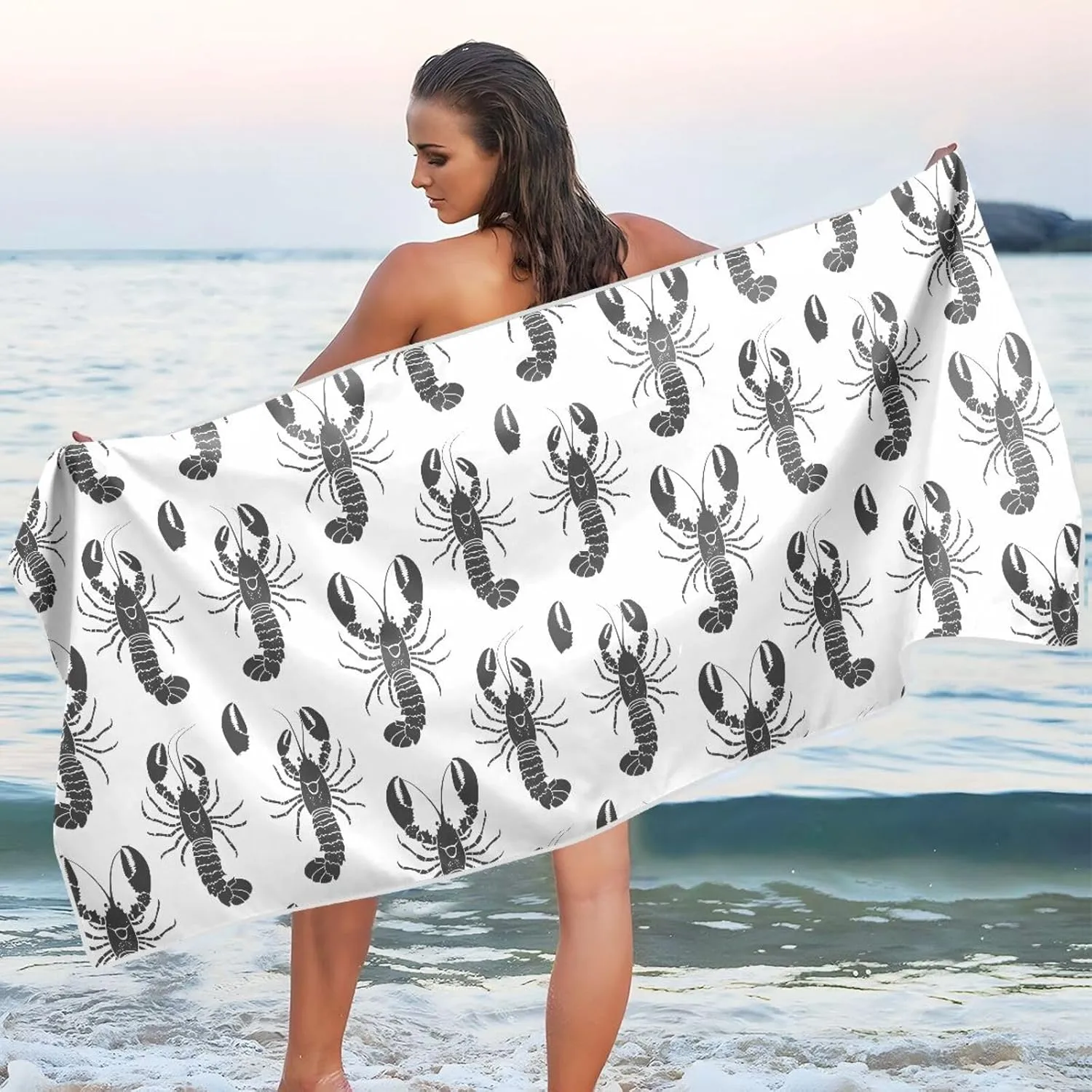 Beach Towel Lobster Pattern Print Oversized Sand Free Quick Dry Lightweight with Storage Bag for Women Men 30x60 in