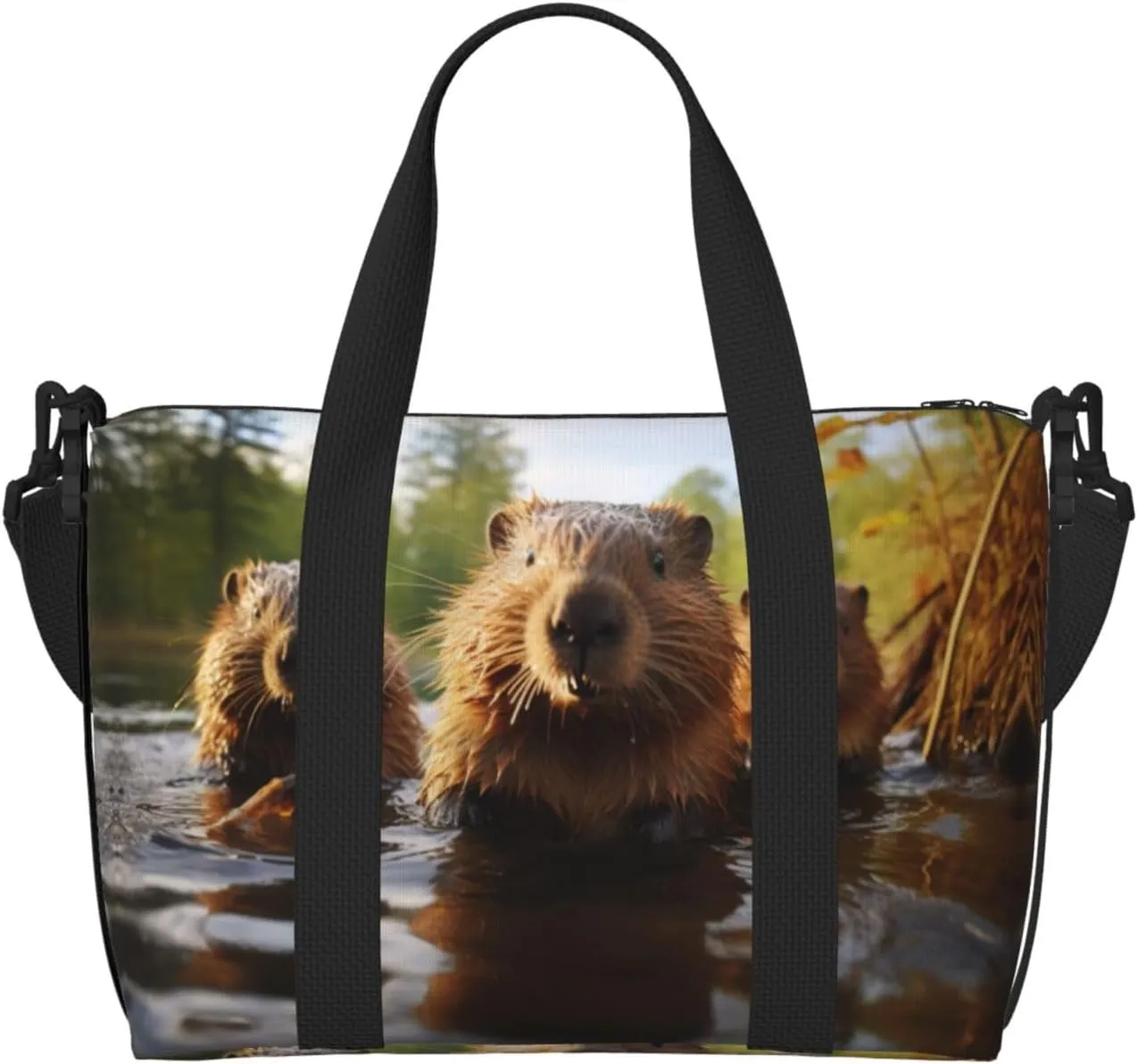 beaver working1 print Gym Bag for Women,Carry on Weekender Overnight Duffle Bag,Personal Item Tote Bag