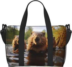 beaver working1 print Gym Bag for Women,Carry on Weekender Overnight Duffle Bag,Personal Item Tote Bag