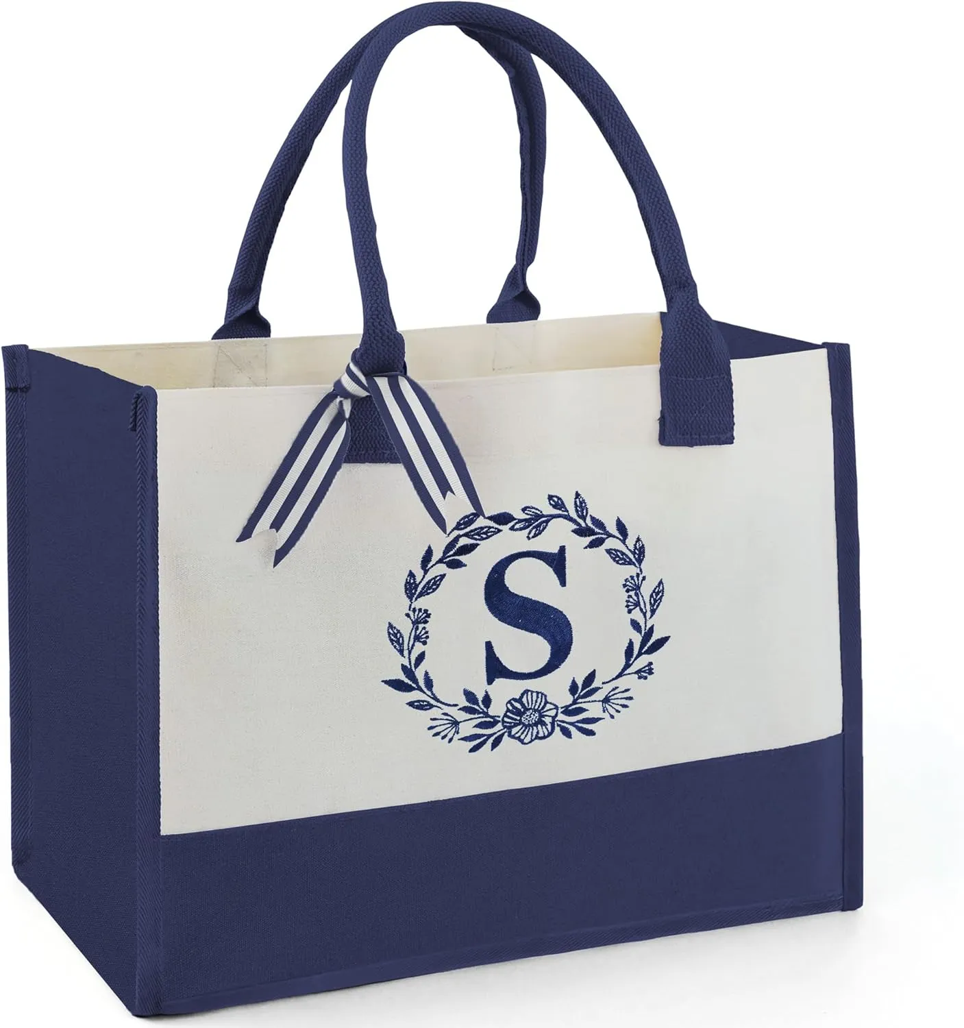 BeeGreen Gift Basket Monogram Initial Canvas Tote Bag with Pocket Embroidery Personalized Tote for Mom Teacher Friend