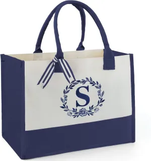 BeeGreen Gift Basket Monogram Initial Canvas Tote Bag with Pocket Embroidery Personalized Tote for Mom Teacher Friend
