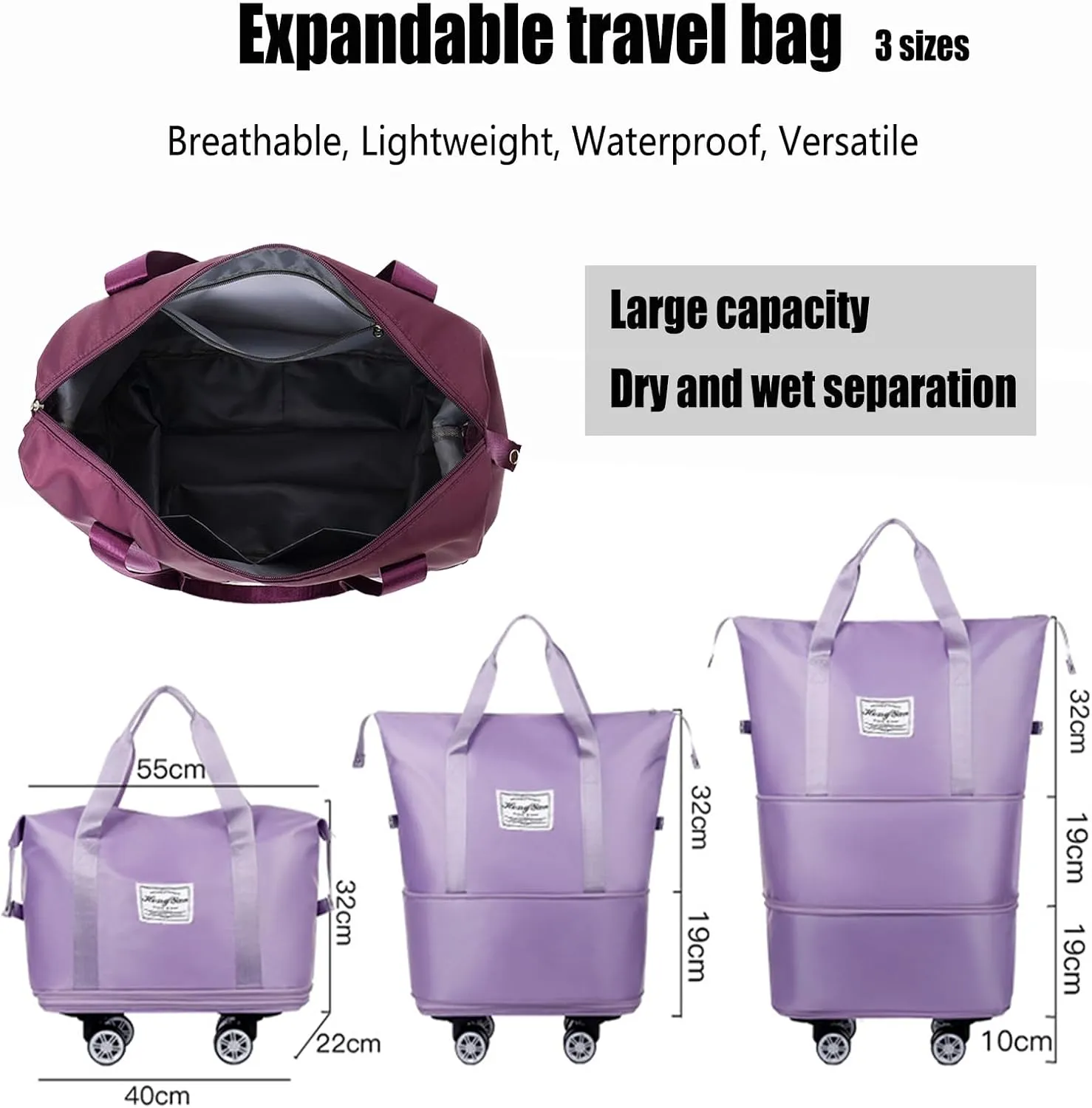 Beente Travel Bag With Wheels, 2025 New Large Capacity Travel Bag - Universal Wheel Removable Silent, Expandable Foldable Carry-On Luggage Bags, For Travel (Grey)