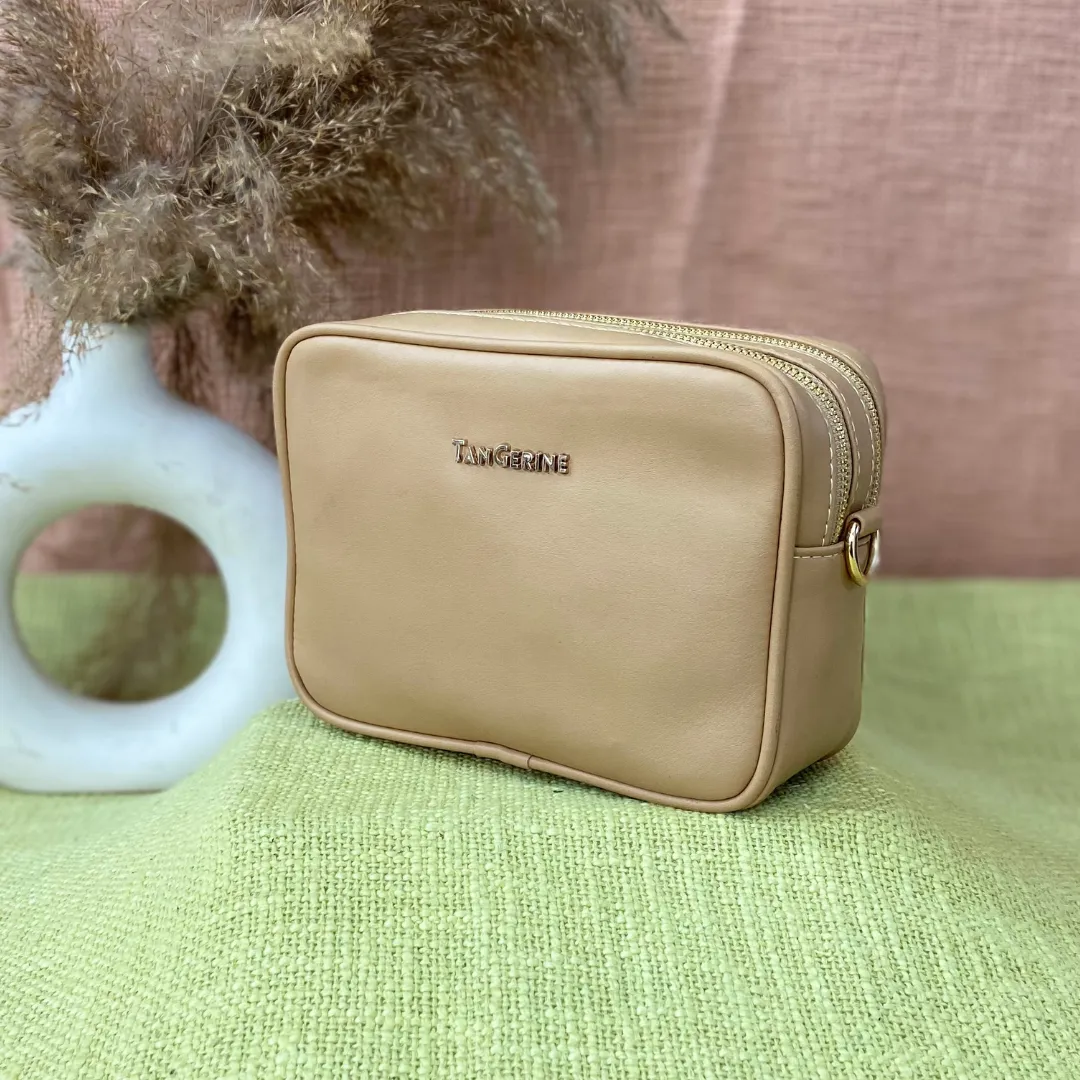 Beige Dual Compartment Bag with Colorful Lines Belt.
