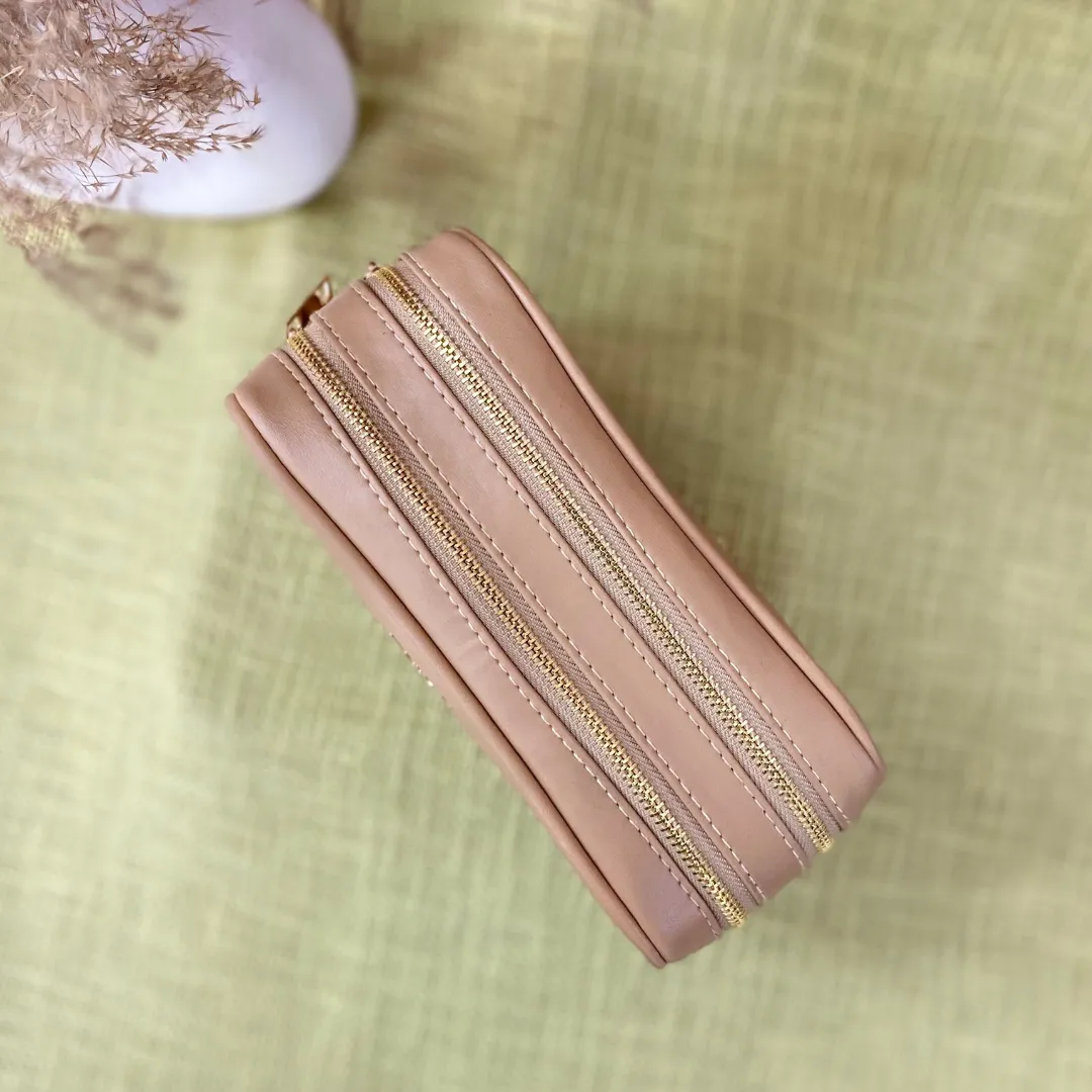 Beige Dual Compartment Bag with Colorful Lines Belt.
