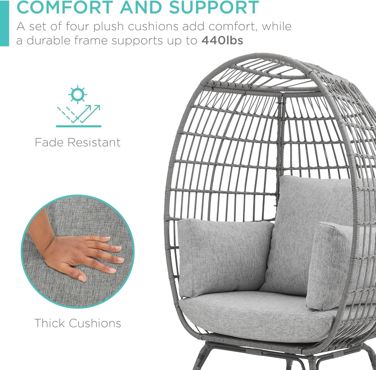 Best Choice Products Wicker Egg Chair, Oversized Indoor Outdoor Lounger for Patio, Backyard, Living Room w/ 4 Cushions, Steel Frame, 440lb Capacity - Gray/Heather Gray