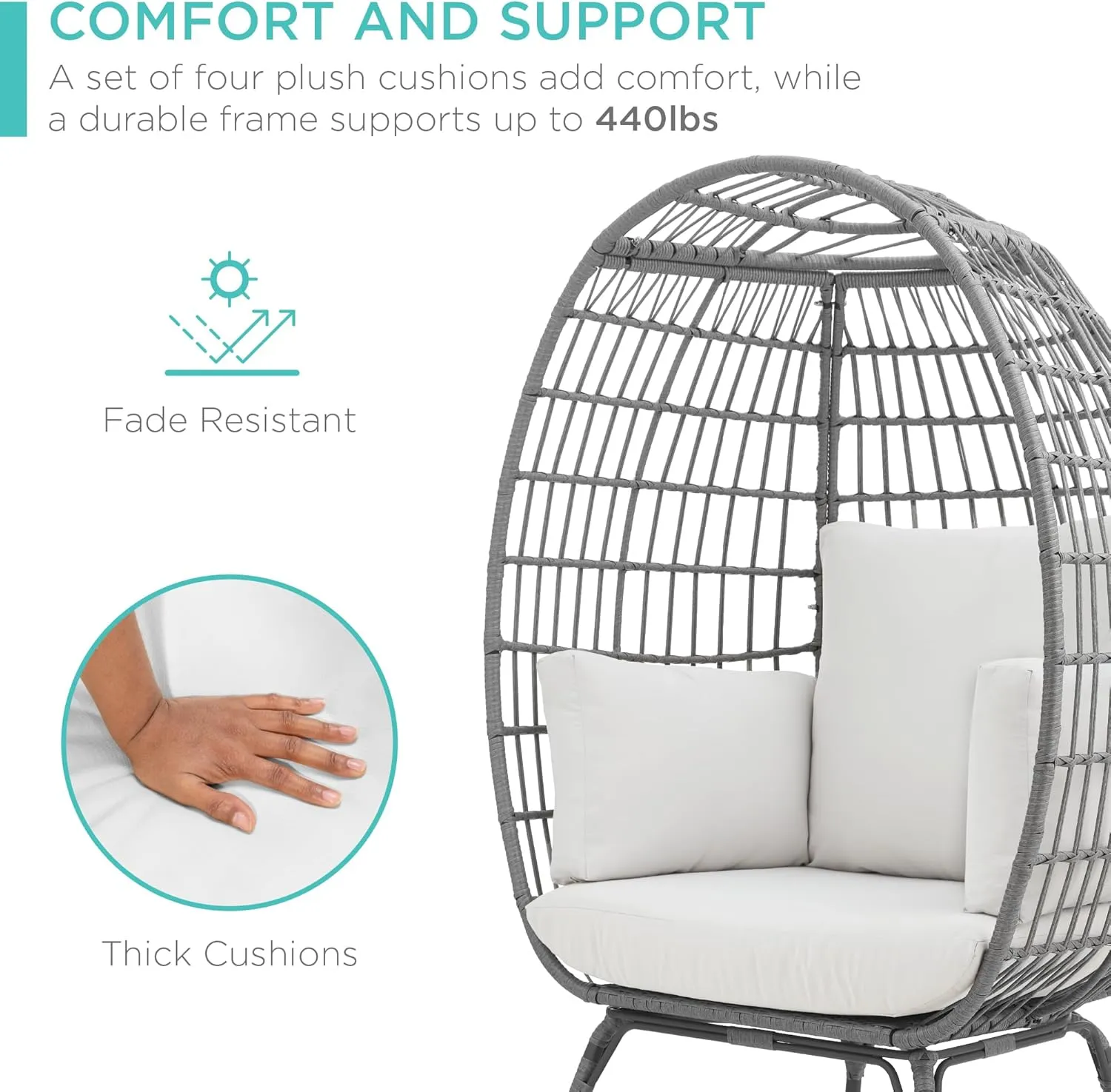 Best Choice Products Wicker Egg Chair, Oversized Indoor Outdoor Lounger for Patio, Backyard, Living Room w/ 4 Cushions, Steel Frame, 440lb Capacity - Gray/White Sand