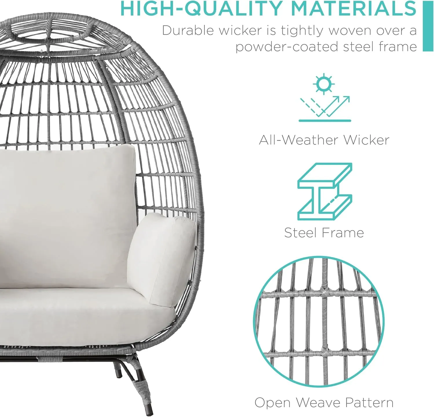 Best Choice Products Wicker Egg Chair, Oversized Indoor Outdoor Lounger for Patio, Backyard, Living Room w/ 4 Cushions, Steel Frame, 440lb Capacity - Gray/White Sand