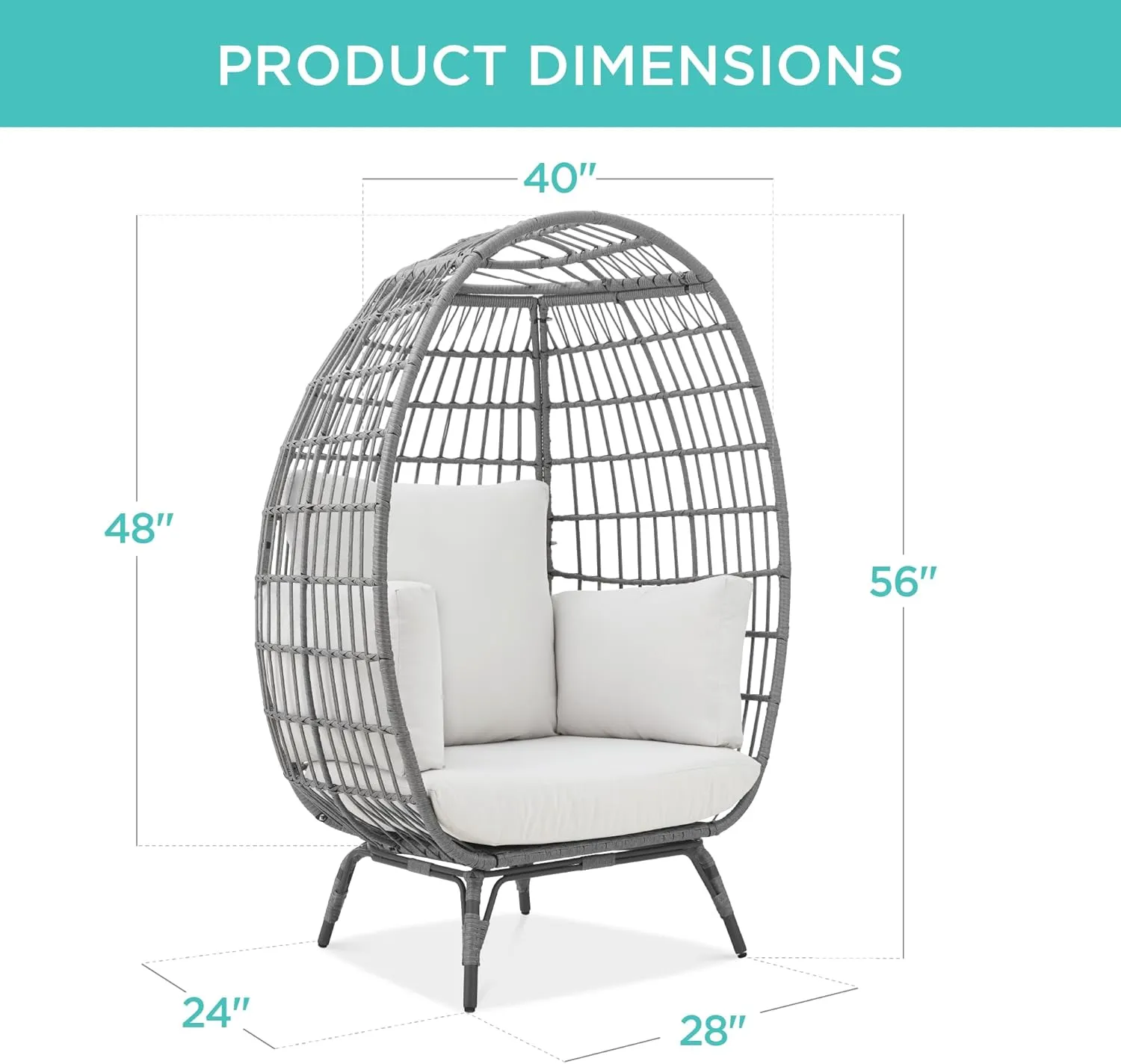 Best Choice Products Wicker Egg Chair, Oversized Indoor Outdoor Lounger for Patio, Backyard, Living Room w/ 4 Cushions, Steel Frame, 440lb Capacity - Gray/White Sand