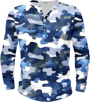 Big and Tall Shirts for Men Loose Fit Long Sleeve Button Down Shirt Camouflage Print Quarter Button Pullover Top Tees