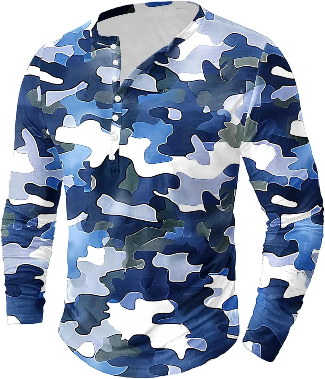 Big and Tall Shirts for Men Loose Fit Long Sleeve Button Down Shirt Camouflage Print Quarter Button Pullover Top Tees