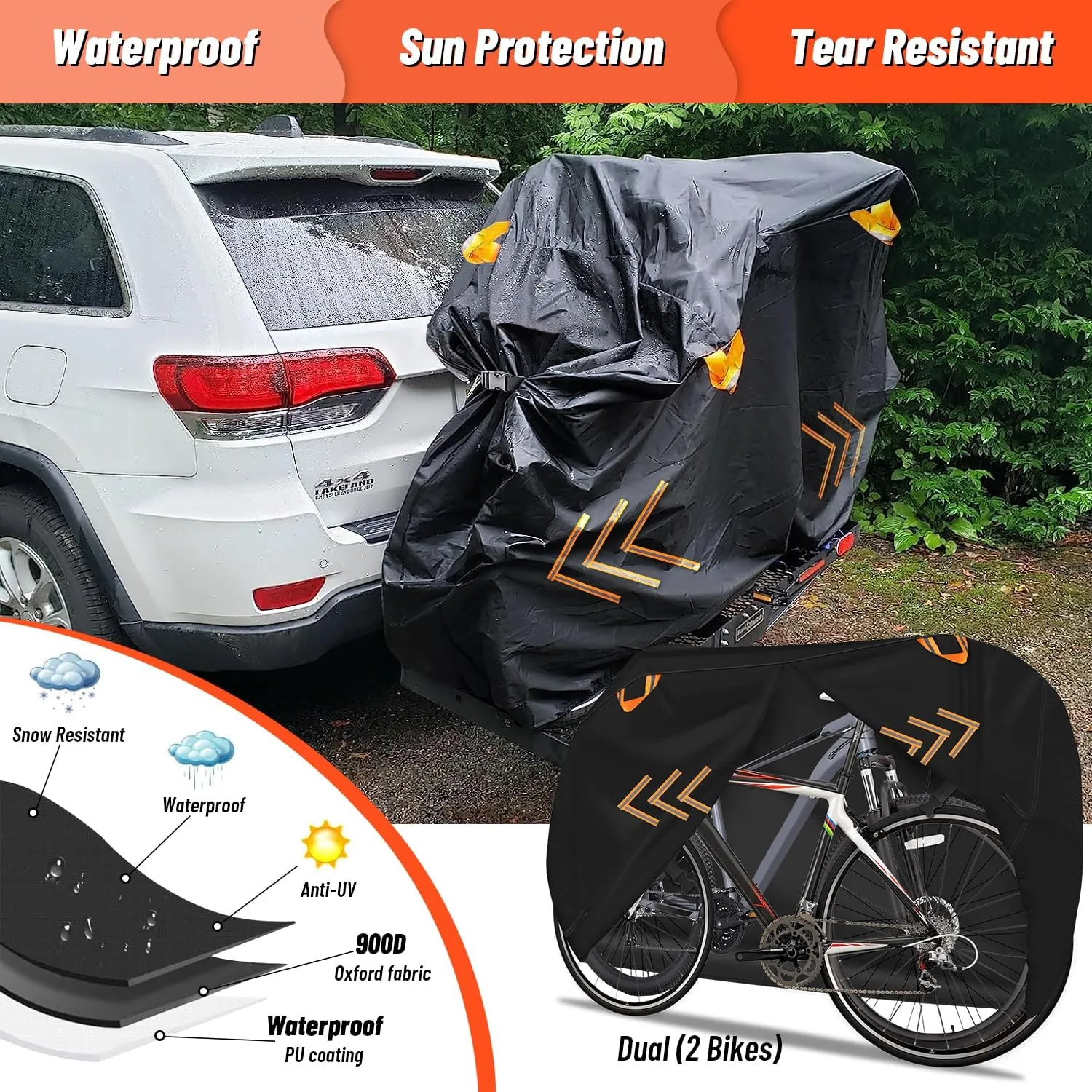 Bike Cover for Transport on Rack, 900D Oxford Bike Rack Cover Heavy Duty Bicycle Covers Outdoor Storage Waterproof Bike Covers for 2 Bikes on Rear Bike Rack for Mountain Road Electric City Bike