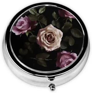 Black Blackgound Rose Pill Box Round Pill Case for Pocket Purse 3 Compartment Medicine Pill Organizer Cute Portable Travel Pillbox Vitamin Cod Liver Oil Storage Box Unique Gift Organizer