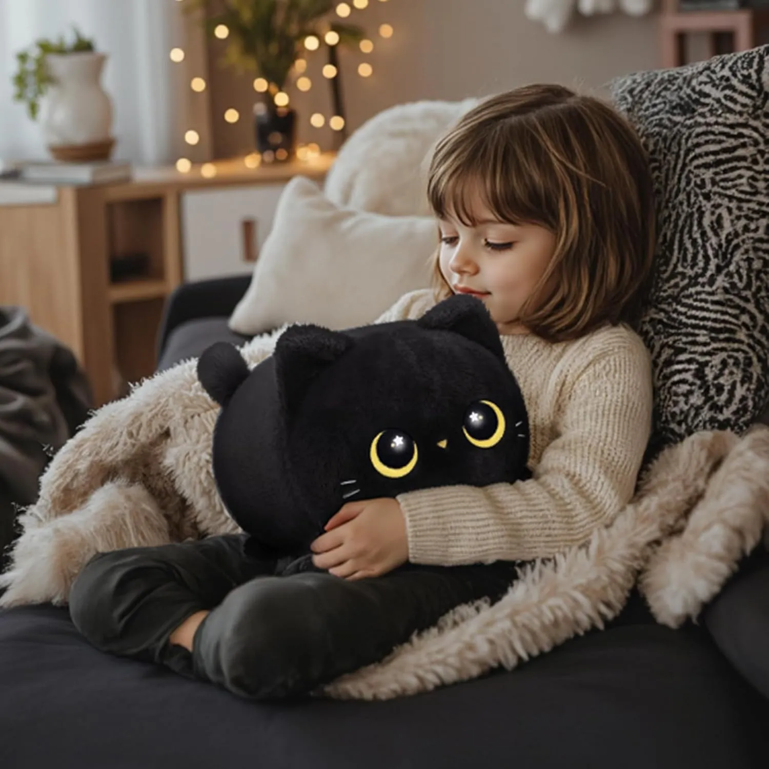 Black Cat Plush, Cute Cat Plushies Toy, Soft Kitten Plushie Cuddle Pillow, Anime Plushie Doll, Cute Stuff Toys Gift for Girls, Boys and Males (16 Inch)