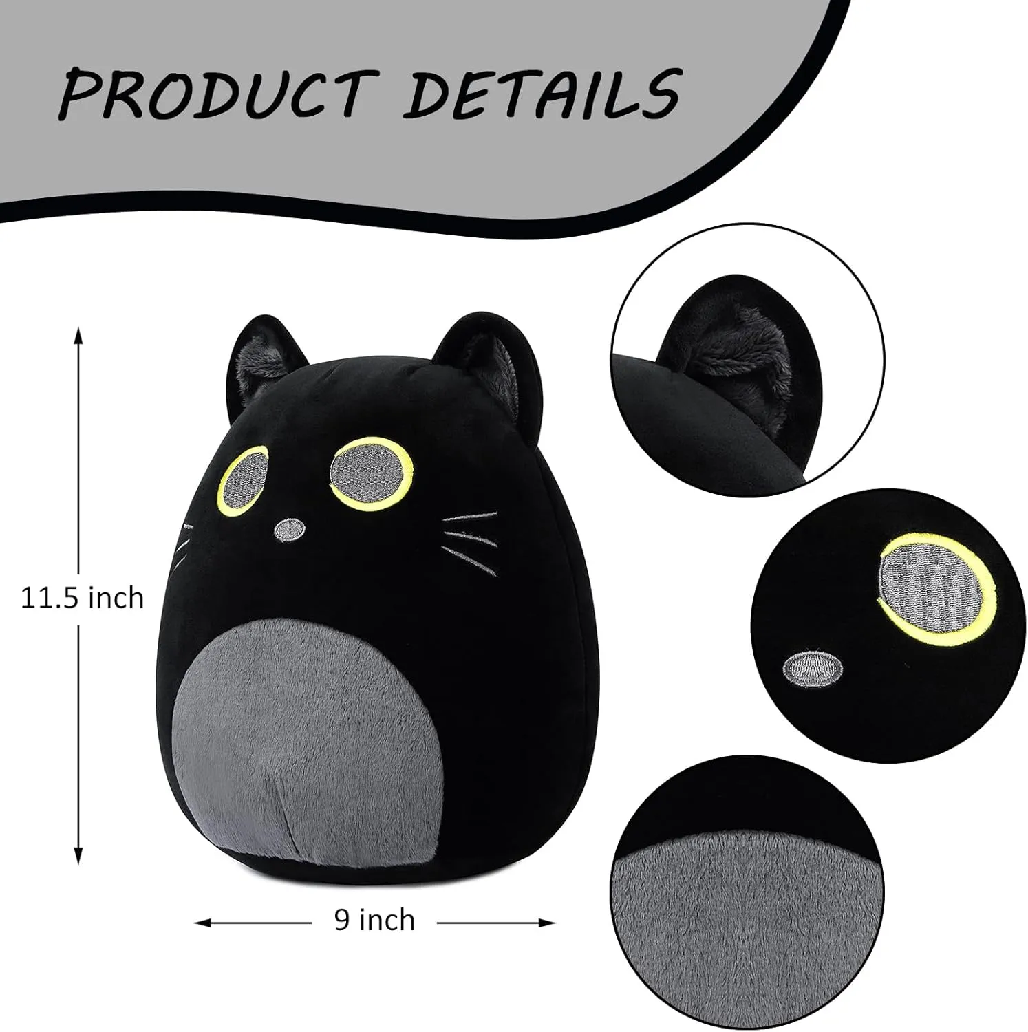 Black Cat Plush Pillow, Cute Cat Plushie Toy, Soft Pillow Plush, Present for Kids Boys Girls Christmas Birthday (11.5 inches)