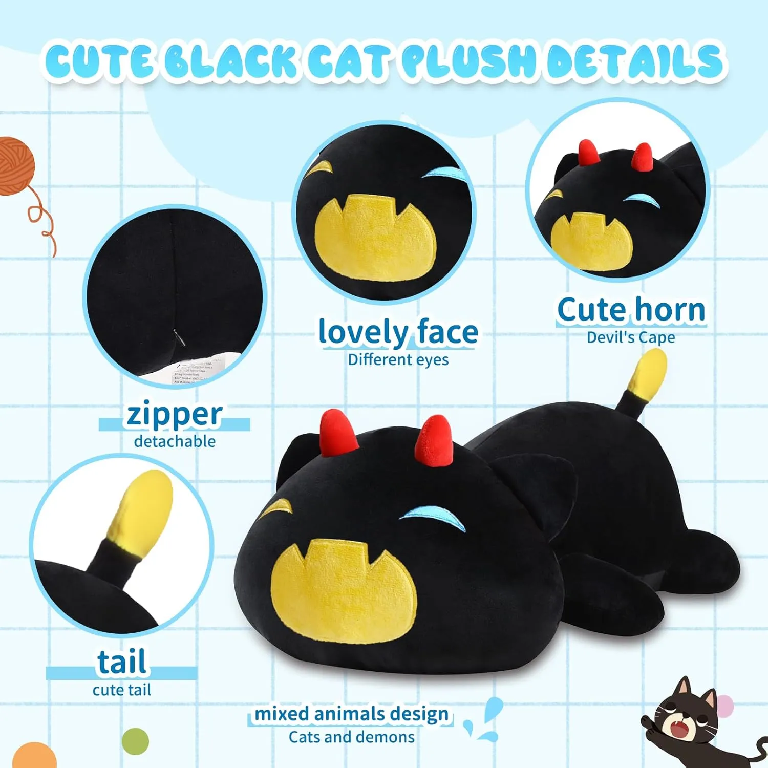 Black Cat Plush Pillow Cute Soft Pumpkin Cat Plush Toy Stuffed Animals Kitten Plushie Doll Great Gift for Kids and Adult Birthday Christmas Valentines, 20", Yellow