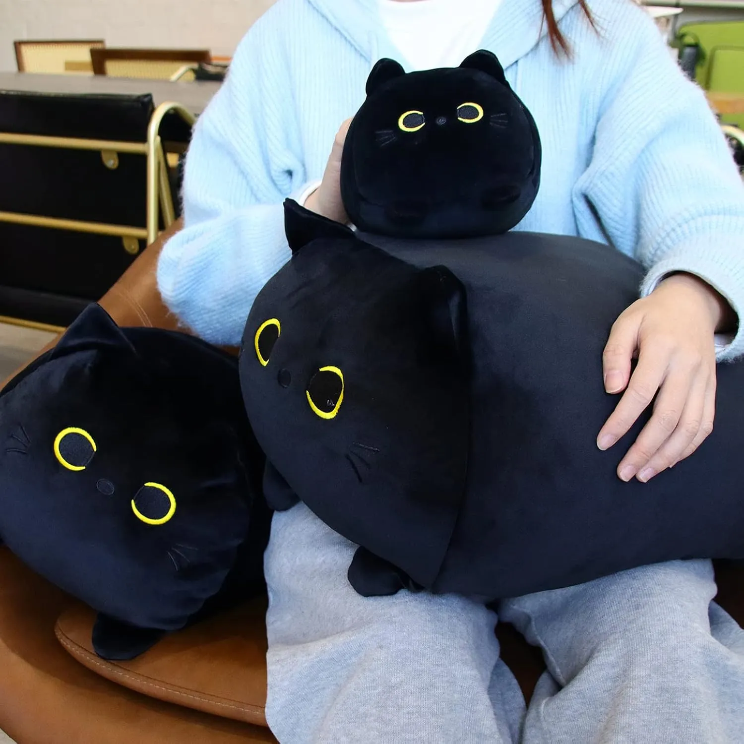 Black Cat Plush Toy Black Cat Pillow,16" Soft Fat Black Cat Stuffed Animals Cat Plushie, Kawaii Plush Pillow Cushion Cat Throw Pillow, Stuffed Cat Toys for Kids Birthday Girlfriend Valentines Gift