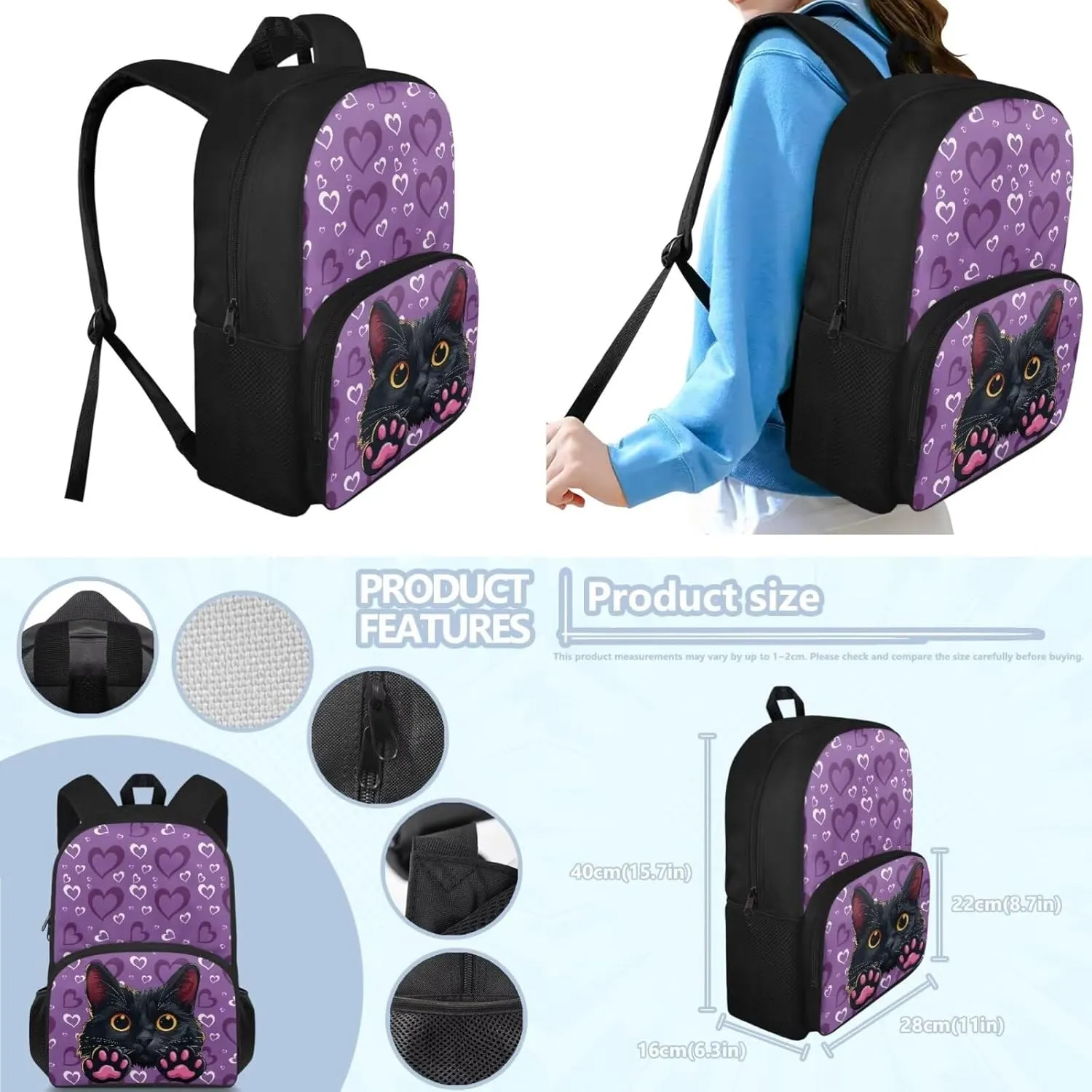 Black Cat Toddler Girl Backpack and Lunch Box Set 12 School Bags for Teen Boys Back to School Stylish School Backpack Gift for Birthdays,Thanksgiving Day,Christmas,School Seasons